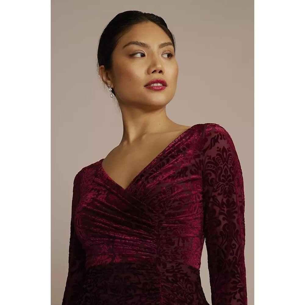 Davids Bridal Dress Burgandy Wine Red 2 Victorian Velvet Print Ruched Party Date - Picture 2 of 16